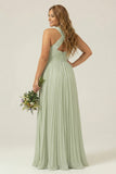 Halter A Line Dusty Sage Pleated Plus Size Long Bridesmaid Dress