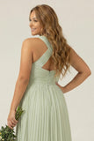 Halter A Line Dusty Sage Pleated Plus Size Long Bridesmaid Dress