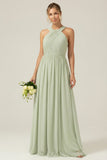A Line Dusty Sage Halter Ruched Long Bridesmaid Dress