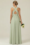A Line Dusty Sage Halter Ruched Long Bridesmaid Dress