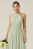 A Line Dusty Sage Halter Ruched Long Bridesmaid Dress