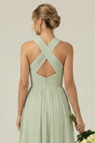 A Line Dusty Sage Halter Ruched Long Bridesmaid Dress