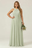 Halter A Line Chiffon Dusty Sage Ruched Plus Size Long Bridesmaid Dress