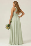 Halter A Line Chiffon Dusty Sage Ruched Plus Size Long Bridesmaid Dress