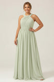 Halter A Line Chiffon Dusty Sage Ruched Plus Size Long Bridesmaid Dress