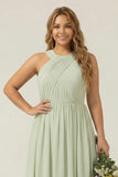 Halter A Line Chiffon Dusty Sage Ruched Plus Size Long Bridesmaid Dress
