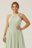 Halter A Line Chiffon Dusty Sage Ruched Plus Size Long Bridesmaid Dress
