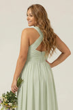 Halter A Line Chiffon Dusty Sage Ruched Plus Size Long Bridesmaid Dress