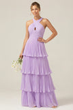 A Line Lilac Tiered Halter Pleated Long Bridesmaid Dress With Ruffles