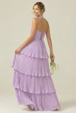 A Line Lilac Tiered Halter Pleated Long Bridesmaid Dress With Ruffles