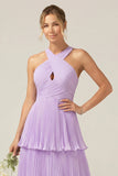 A Line Lilac Tiered Halter Pleated Long Bridesmaid Dress With Ruffles