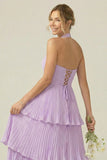 A Line Lilac Tiered Halter Pleated Long Bridesmaid Dress With Ruffles
