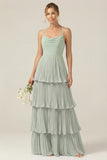 Dusty Sage Tiered Pleated A Line Long Bridesmaid Dress With Ruffles
