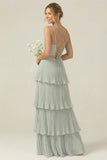 Dusty Sage Tiered Pleated A Line Long Bridesmaid Dress With Ruffles