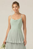 Dusty Sage Tiered Pleated A Line Long Bridesmaid Dress With Ruffles