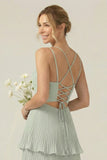Dusty Sage Tiered Pleated A Line Long Bridesmaid Dress With Ruffles