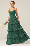 Dark Green Tiered Pleated A Line Long Bridesmaid Dress With Ruffles