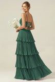 Dark Green Tiered Pleated A Line Long Bridesmaid Dress With Ruffles