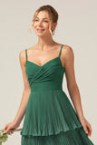Dark Green Tiered Pleated A Line Long Bridesmaid Dress With Ruffles