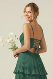 Dark Green Tiered Pleated A Line Long Bridesmaid Dress With Ruffles