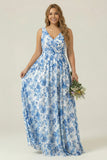 Blue Flower V-Neck A Line Long Bridesmaid Dress