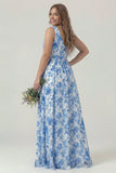 Blue Flower V-Neck A Line Long Bridesmaid Dress