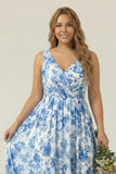 Blue Flower V-Neck A Line Long Bridesmaid Dress