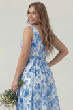 Blue Flower V-Neck A Line Long Bridesmaid Dress