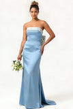 Green Flower Strapless Mermaid Long Bridesmaid Dress With Bow