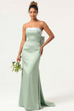 Green Flower Strapless Mermaid Long Bridesmaid Dress With Bow