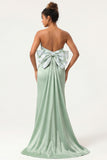Green Flower Strapless Mermaid Long Bridesmaid Dress With Bow