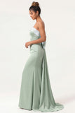 Green Flower Strapless Mermaid Long Bridesmaid Dress With Bow