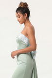 Green Flower Strapless Mermaid Long Bridesmaid Dress With Bow