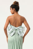 Green Flower Strapless Mermaid Long Bridesmaid Dress With Bow