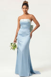 Green Flower Strapless Mermaid Long Bridesmaid Dress With Bow