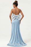 Green Flower Strapless Mermaid Long Bridesmaid Dress With Bow
