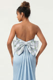 Green Flower Strapless Mermaid Long Bridesmaid Dress With Bow