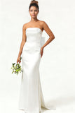 White Strapless Satin Mermaid Long Wedding Dress With Bow