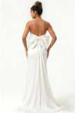 White Strapless Satin Mermaid Long Wedding Dress With Bow