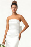 White Strapless Satin Mermaid Long Wedding Dress With Bow