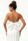 White Strapless Satin Mermaid Long Wedding Dress With Bow