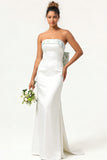 White Strapless Satin Mermaid Long Wedding Dress With Bow