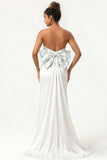 White Strapless Satin Mermaid Long Wedding Dress With Bow
