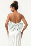 White Strapless Satin Mermaid Long Wedding Dress With Bow