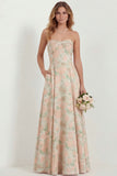 White Blue Flower Sweetheart A Line Printed Long Bridesmaid Dress with Pockets