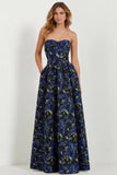 White Blue Flower Sweetheart A Line Printed Long Bridesmaid Dress with Pockets