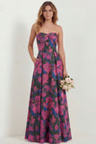 White Blue Flower Sweetheart A Line Printed Long Bridesmaid Dress with Pockets
