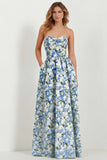 White Blue Flower Sweetheart A Line Printed Long Bridesmaid Dress with Pockets