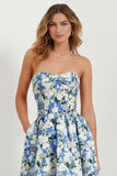 White Blue Flower Sweetheart A Line Printed Long Bridesmaid Dress with Pockets
