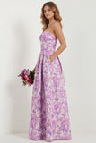 White Blue Flower Sweetheart A Line Printed Long Bridesmaid Dress with Pockets